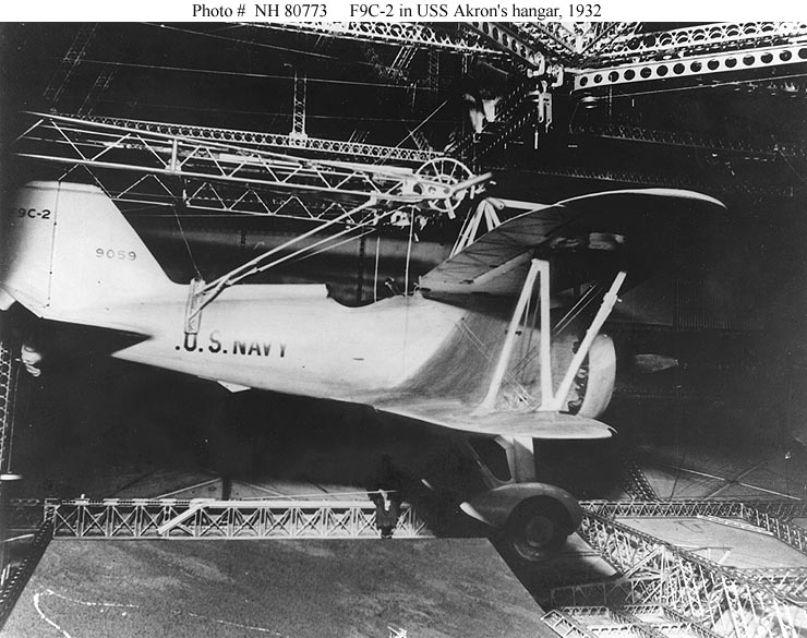 F9C Sparrowhawk in Akron’s hangar. This aircraft was one of four lost with USS Macon on 12 February 1935.