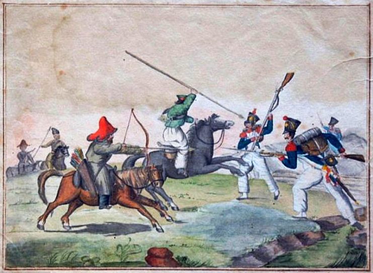 French soldiers in skirmish with Bashkirs and Cossacks.