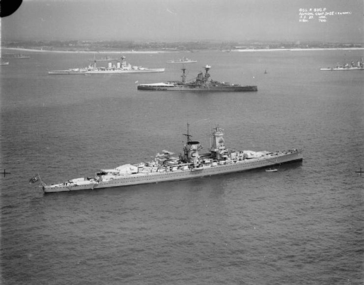 Admiral Graf Spee at Spithead in 1937; HMS Hood and Resolution lie in the background