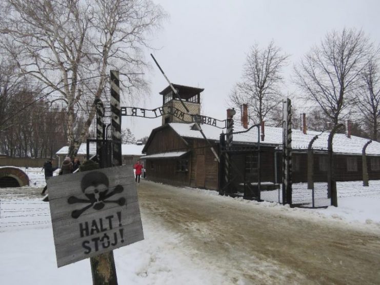 HALT ! STOJ ! Sign just inside the entrance to Auschwitz.
