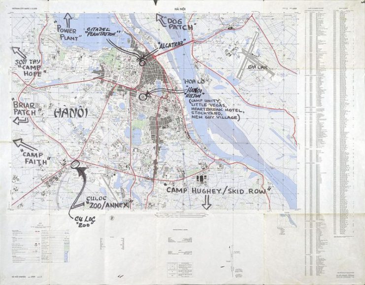 Shortly after the war, ex-POW Mike McGrath annotated this detailed map of Hanoi to show the location of prisons. He did it so he would not forget where the camps were. McGrath also made drawings of his captivity, several of which appear in this exhibit.