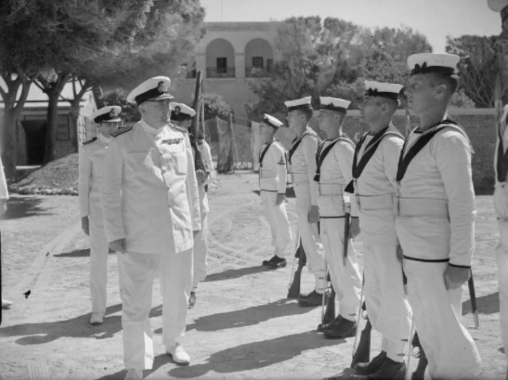 Vice-Admiral Harwood inspects ratings at HMS Canopus, the Royal Navy training base in Alexandria, in September 1942