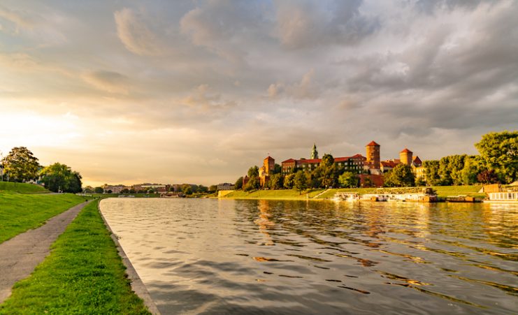 Sunset over the Vistula River in Krakow, Poland