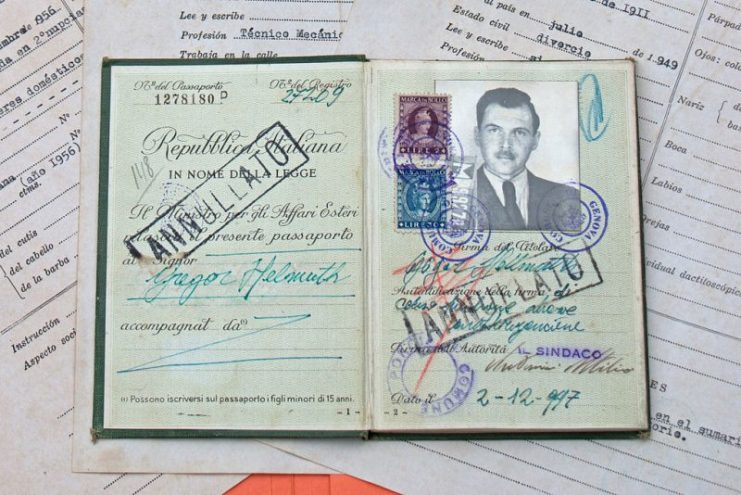 Italian Passport used by Mengele to flee justice and escape to Argentina in 1949.Photo: Jackdawson1970 CC BY-SA 3.0