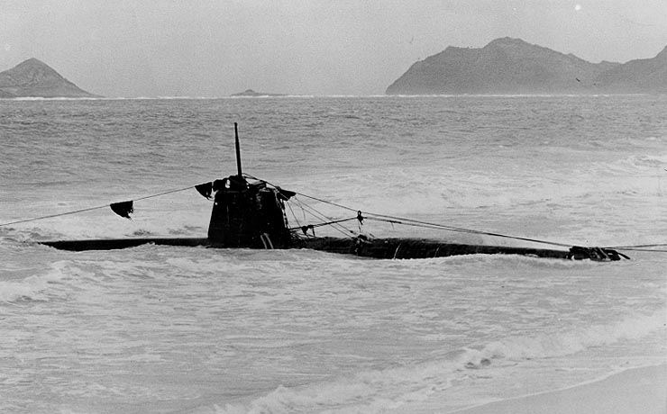 HA. 19 grounded in the surf on Oahu after the attack on Pearl Harbor, December 1941