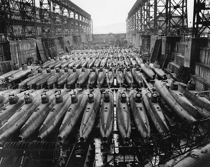 Some 80 Japanese Type D (“Koryu”) Midget Submarines in a dry dock at Kure, October 19, 1945