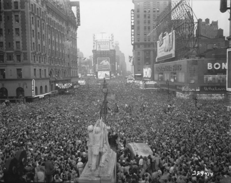 Crowds celebrating in Times Square on V-J Day (August 15, 1945)