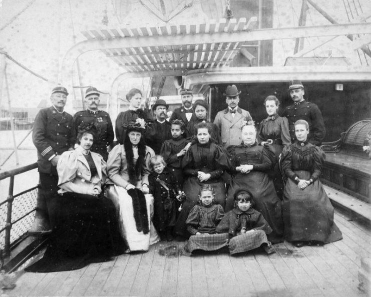 Margaretha Geertruida MacLeod-Zelle, the later Mata-Hari, (utmost left) and behind her captain Rudolph John MacLeod, her husband, on board the Prinses Amalia from the Stoomvaart Maatschappij Nederland on their way to the Dutch East Indies, probably at Southampton.