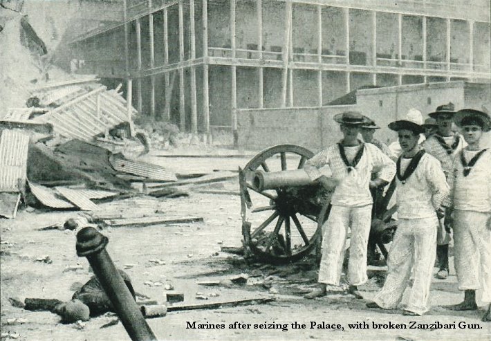 British marines pose with a captured Zanzibari gun following the capture of the Sultan’s palace in Zanzibar Town