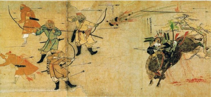 The Japanese samurai Suenaga facing Mongol arrows and bombs. Mōko Shūrai Ekotoba (蒙古襲来絵詞), circa 1293.