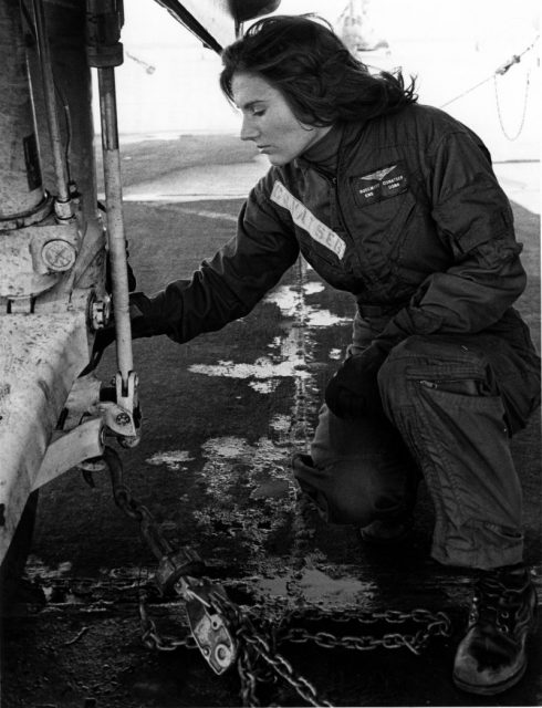 Naval Air Station Oceana, Virginia Beach, VA – ENS Rosemary Conaster (later Mariner) makes pre-flight checks of the main gear of a fleet composite squadron two, VC-2, S-2 tracker antisubmarine aircraft. Via U.S.Photo: Naval History and Heritage Command.