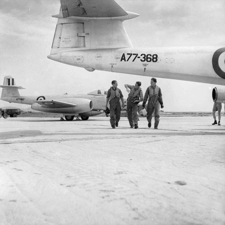 No. 77 Squadron RAAF pilots and Meteor aircraft in Korea, c. 1952.