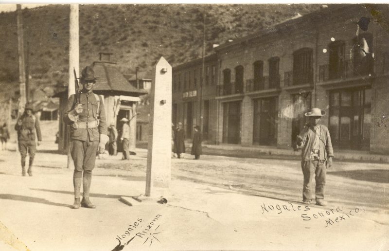 An American and Mexican soldier guarding the border in Ambos Nogales during the Mexican Revolution.