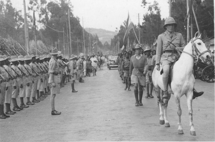 Orde Wingate enters Addis Ababa on horseback.1941