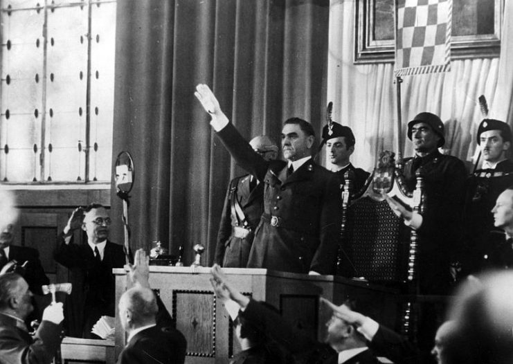 Pavelić greeting the Croatian parliament in February 1943.