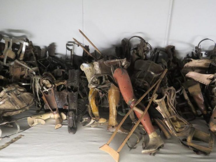 Prosthetic limbs taken from the murdered. Some of these will have been from men who fought for Germany in the First World War.
