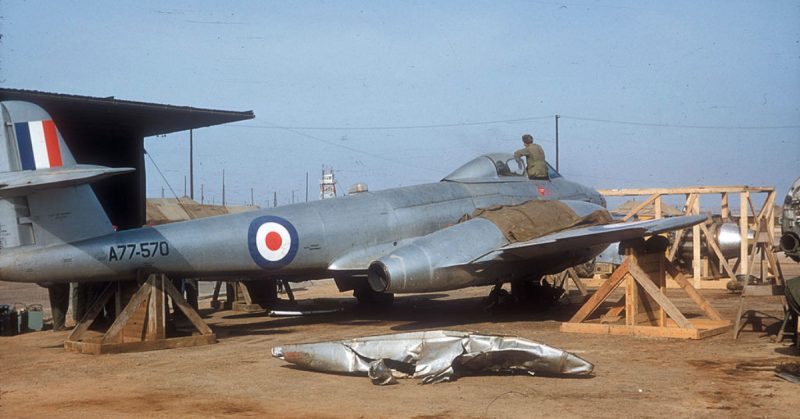 RAAF Meteor F.8 A-77-570 undergoing maintenance at Kimpo air base (K-14) during the Korean War.