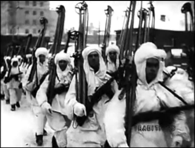 Red Army ski troops in Moscow. Still from documentary Moscow Strikes Back, 1942