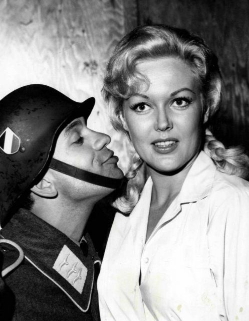 Robert Clay As LeBeau in Hogan’s Heroes with Fräulein Helga (Cynthia Lynn)