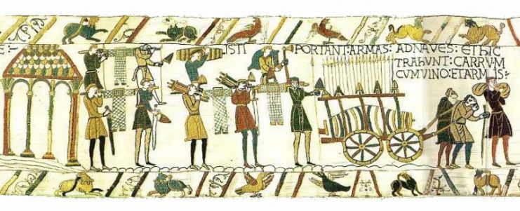 Scene from the Bayeux Tapestry showing Normans preparing for the invasion of England