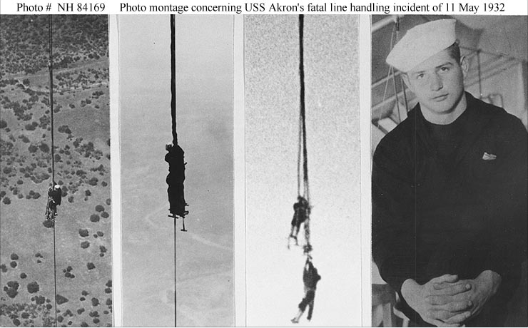 Still pictures from 11 May 1932, incident- the two pictures on the left and the picture at far right are of Seaman Cowart; the picture second from right shows Henton and Edsall before their fatal fall