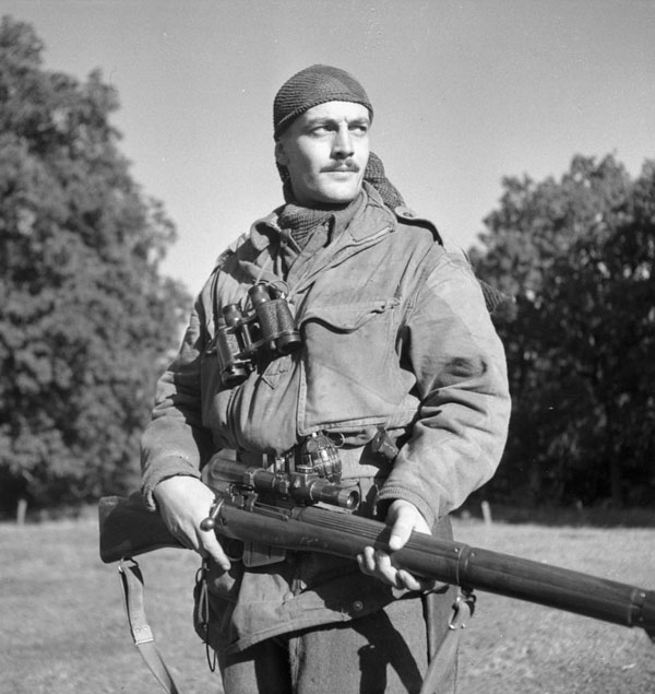 Sergeant H.A. Marshall of the Calgary Highlanders Sniping Platoon. Kapellen, Belgium, 1944.