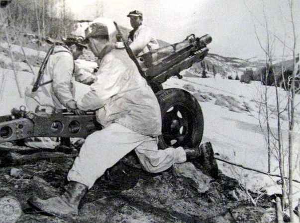 Soldiers of the 10th Mountain Division fire a 75 mm pack howitzer, Mt. Belvedere, February 1944.
