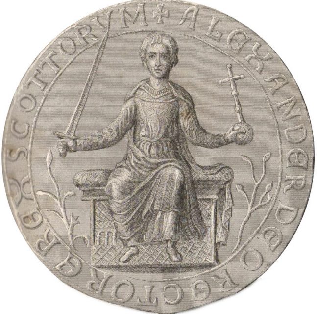 Steel engraving and enhancement of the Great Seal of Alexander II, King of Alba (Scotland).