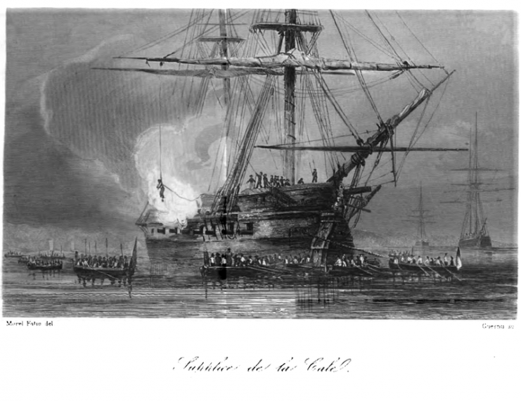 Supplice de la cale, whereby a sailor would be dunked into the sea up three times in a row, with a 30-pound cannonball tied to his feet; keelhauling was regarded as barbaric in the French Navy.