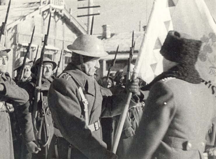 Ludvík Svoboda receiving the battle flag of his battalion