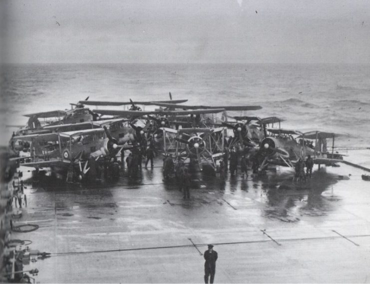 Swordfish on the after deck of HMS Victorious, 24 May 1941. The next day, nine Swordfish from Victorious attacked Bismarck.