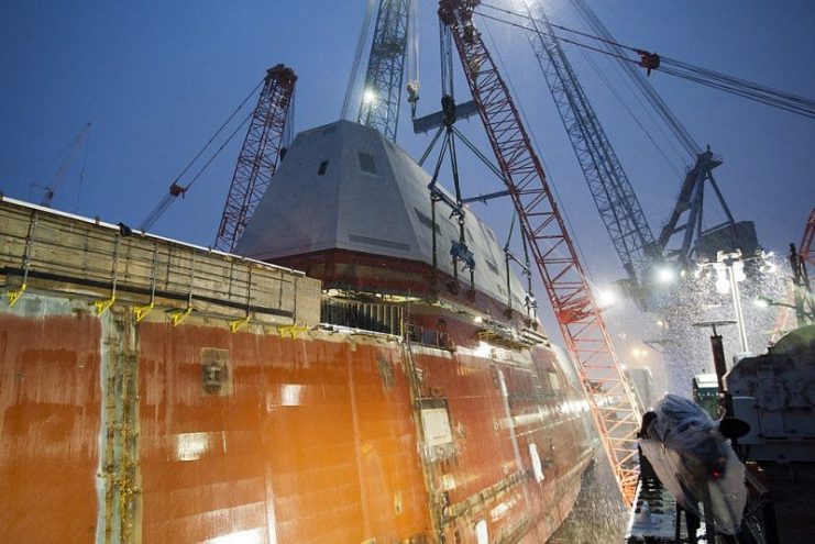 The future guided-missile destroyer USS Michael Monsoor (DDG 1001) completed the successful lift and integration of the deckhouse on to the ship’s hull at General Dynamics Bath Iron Works shipyard.