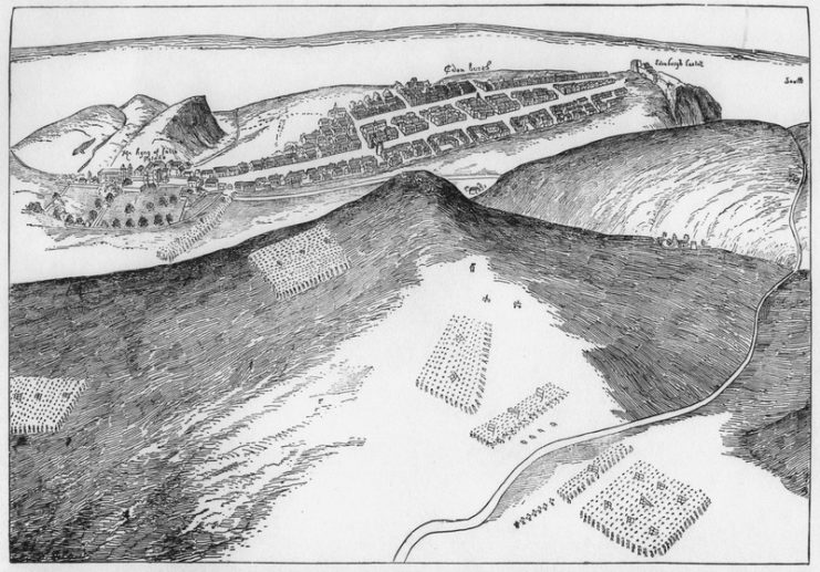 The main English forces are shown deployed on the Calton Hill, while a contingent enters the town by the Watergate beside Holyrood Palace.