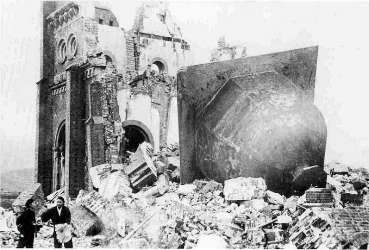 Urakami Tenshudo (Catholic Church in Nagasaki) destroyed by the bomb, the dome/bell of the church, at right, having toppled off