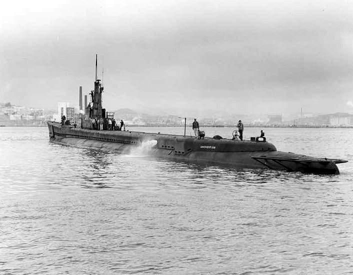 USS Archerfish (SS-311), port side view, possibly entering Tokyo Bay, circa Sept. 1945.