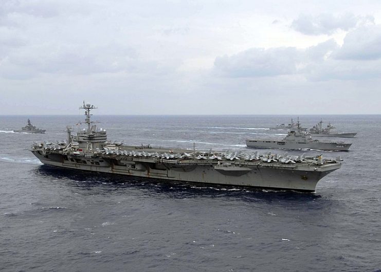 USS George Washington during a photo exercise with Japan Maritime Self-Defense Force ships.