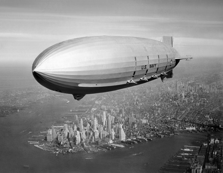 USS Macon (ZRS-5) Flying over New York Harbor, circa Summer 1933.