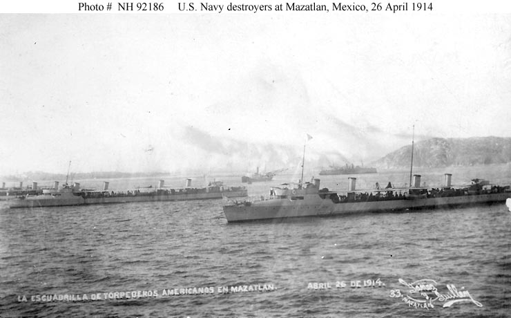 USS Truxtun and Whipple at Mazatlan, April 26, 1914, keeping watch on Mexican gunboat Morales (two-funnel ship in background)
