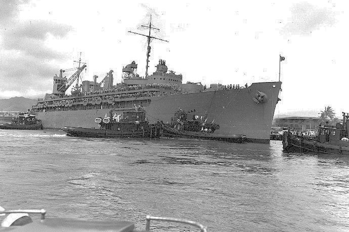 USS Nokomis, one of the tugs assisting USS Fulton (AS-11) to enter Pearl Harbor after the Battle of Midway.