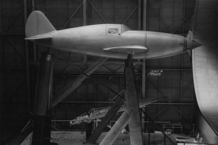 XP-47 on a stand in a wind tunnel