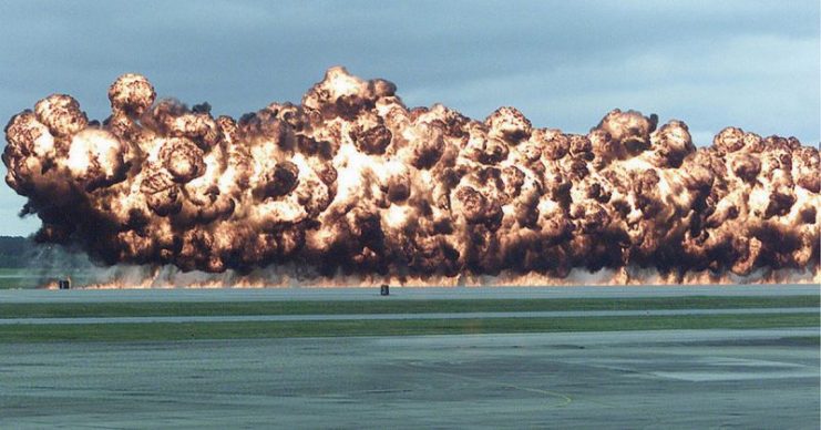 Simulated Napalm explosion is set off during a demonstration