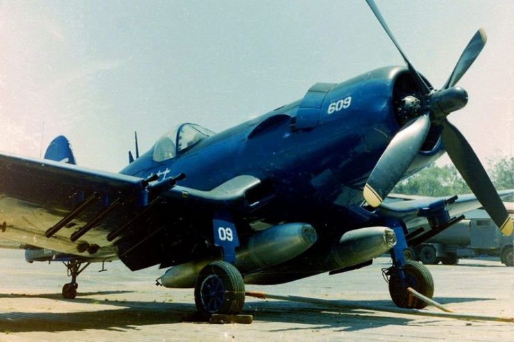 A Vought F4U-5NL Corsair – at the Museo del Aire, Tegucigalpa (Honduras). This aircaft was sold to Honduras in 1956. In the so-called “Football War”, Cap. Fernando Soto in FAH-609 shot down a Salvadoran air force Cavalier F-51D Mustang and two Goodyear FG-1D Corsairs on 17 July 1969 during the last known air combat between piston-engined aircraft.