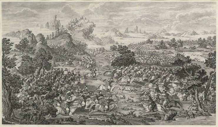 By the 18th century, although the Qing Dynasty maintained archery for military purposes, many Mongol groups had traded their bows for firearms. This print depicts the majority of Western Mongolian Dzungars (right hand side) as being armed with muskets while their Qing foes are primarily armed with the Manchu Bow.