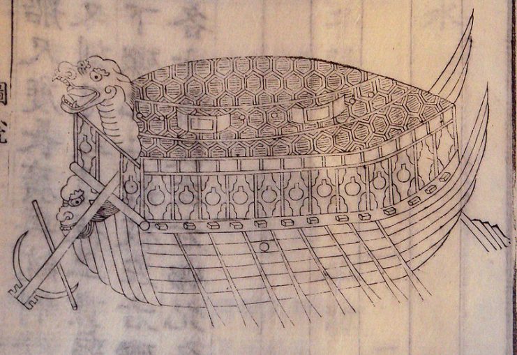 16th century Korean turtle ship in a depiction dating to 1795. The woodblock print is based on a contemporary, late 18th century model.Photo: PHGCOM CC BY-SA 3.0