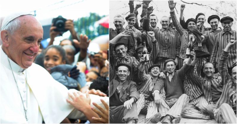 L: Pope Francis visits a favela in Brazil during World Youth Day 2013.Photo Tânia Rêgo CC BY 3.0; R: Polish prisoners toast their liberation from Dachau concentration camp.
