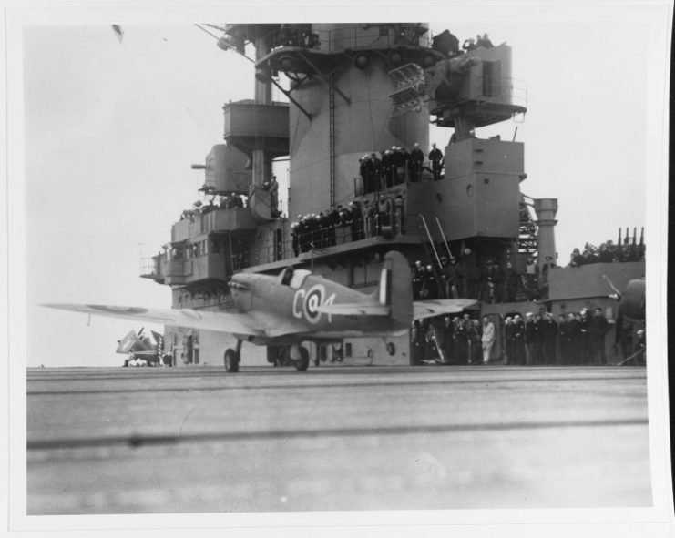 A Spitfire takes off from the carrier, after a 200 foot run, 9 May 1942. (U.S. Navy Photograph 80-G-7083, National Archives and Records Administration, Still Pictures Division, College Park, Md.)