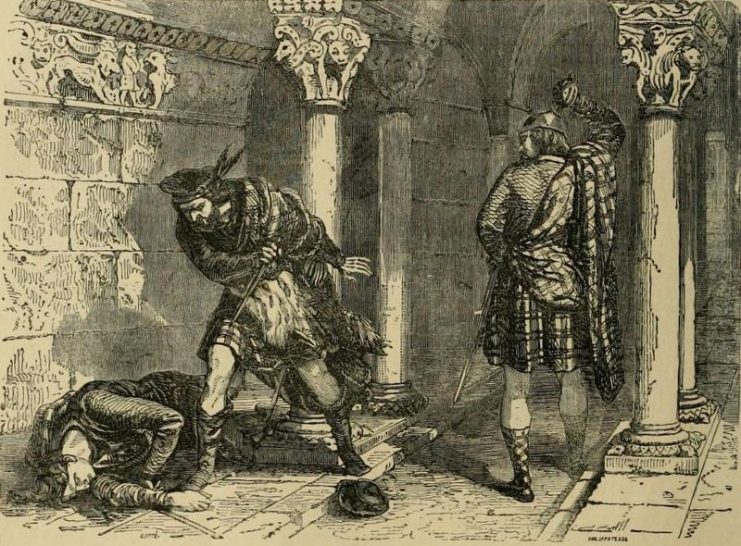 The killing of Comyn in the Greyfriars church in Dumfries, as portrayed by Felix Philippoteaux, a 19th-century illustrator.