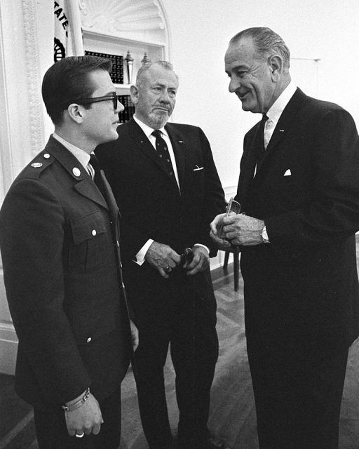 John Steinbeck at 19 (left) with father John (center) visiting President Lyndon B. Johnson in the Oval Office, May 16, 1966.