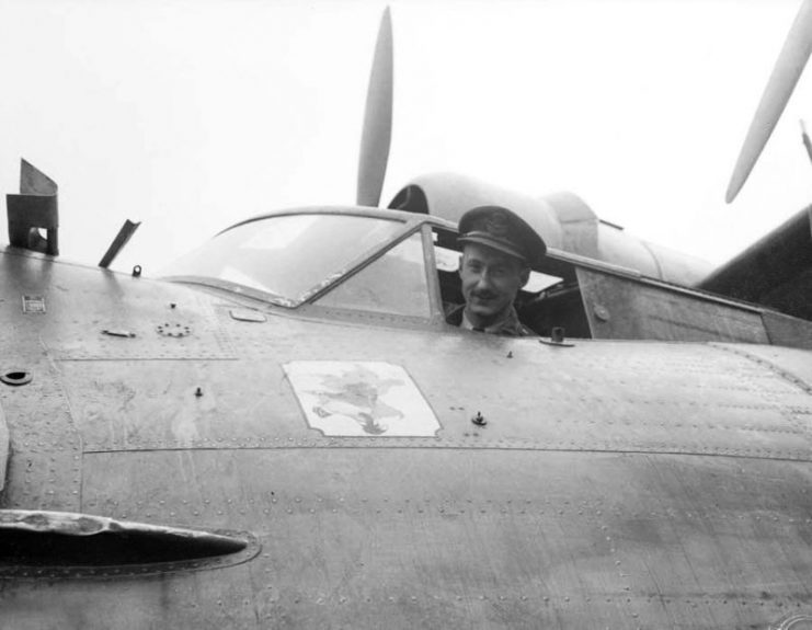 Royal Canadian Air Force Squadron Leader Leonard Birchall, the “Saviour of Ceylon,” aboard a Catalina aircraft before being shot down and captured near the island of Ceylon by the Japanese in 1942. Before being shot down, Birchall warned of a Japanese attack on Ceylon.
