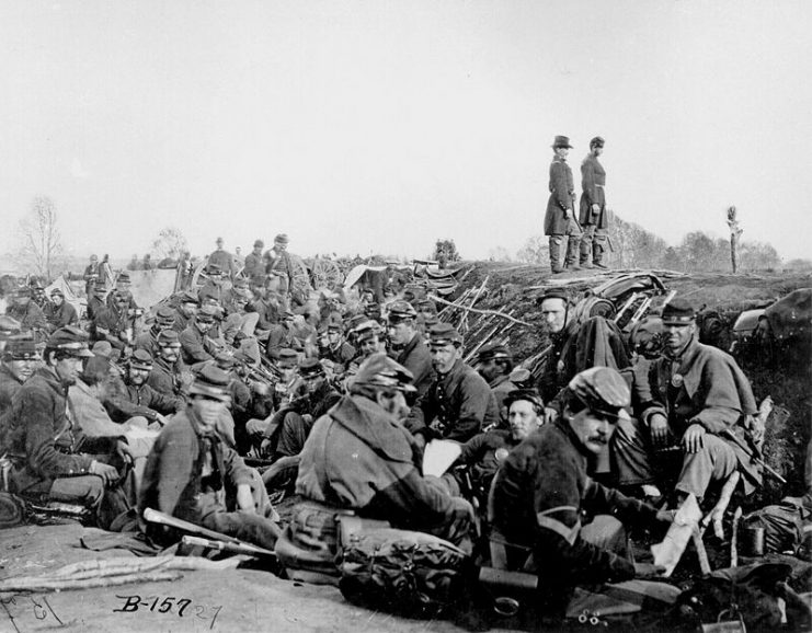 Soldiers of the VI Corps, Army of the Potomac, in trenches before storming Marye’s Heights at the Second Battle of Fredericksburg during the Chancellorsville campaign, Virginia, May 1863.